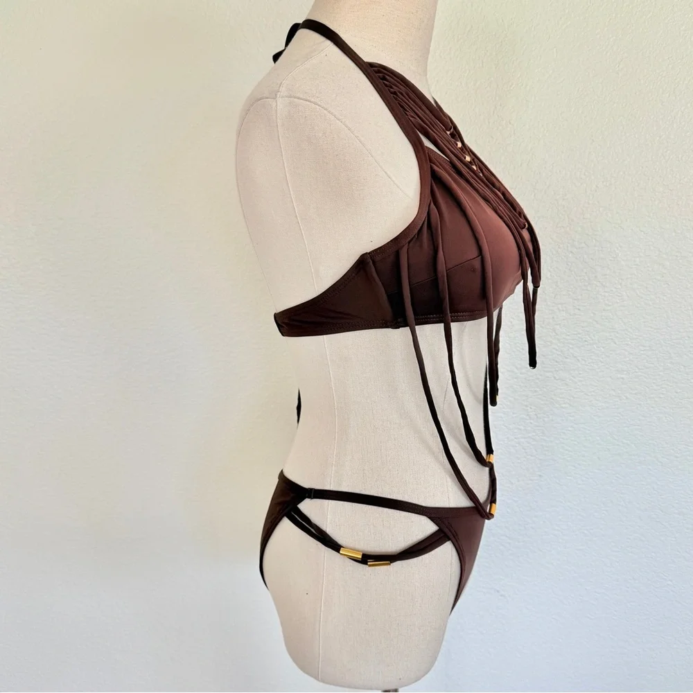 🌞 Brown Strappy Rope Gold Metal Detail Bikini Swimsuit Set